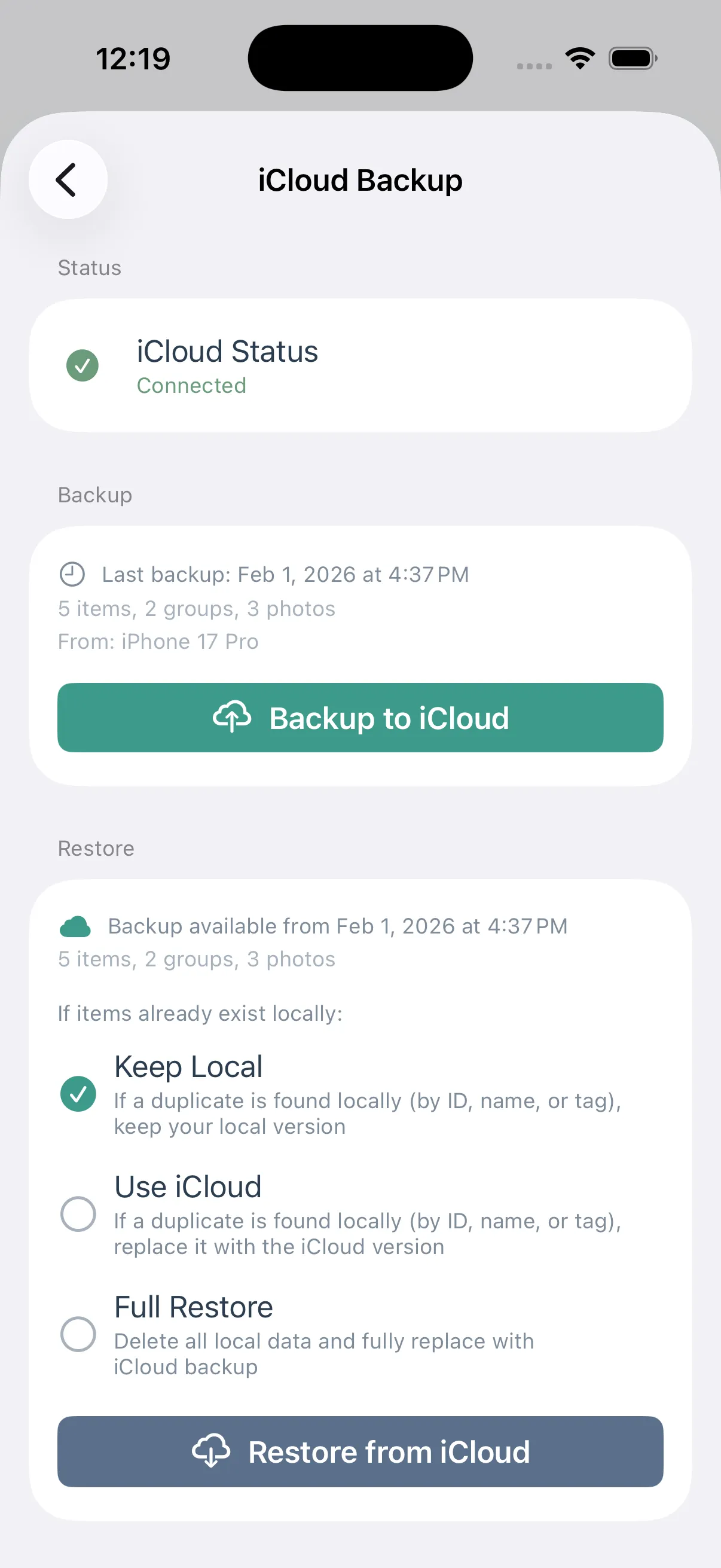 Tagtory iCloud backup - sync and restore your data across devices