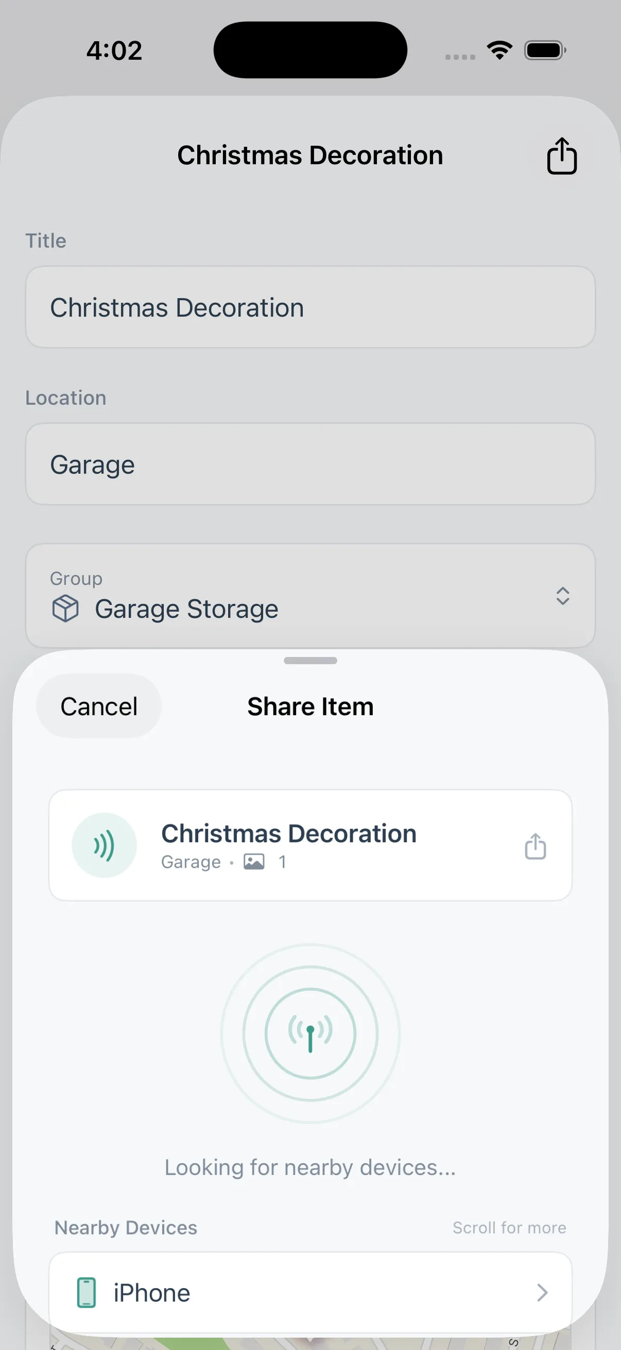 Tagtory sharing - send items to nearby devices